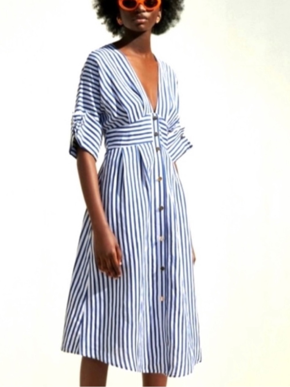 Zara Blue and White Stripped Linen Blend Midi Dress